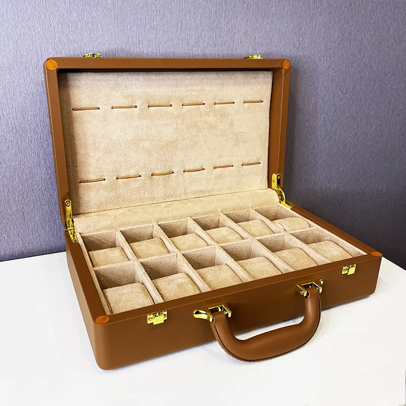 12 Slots Watch Organizer Brown Leather Box And Gift Case